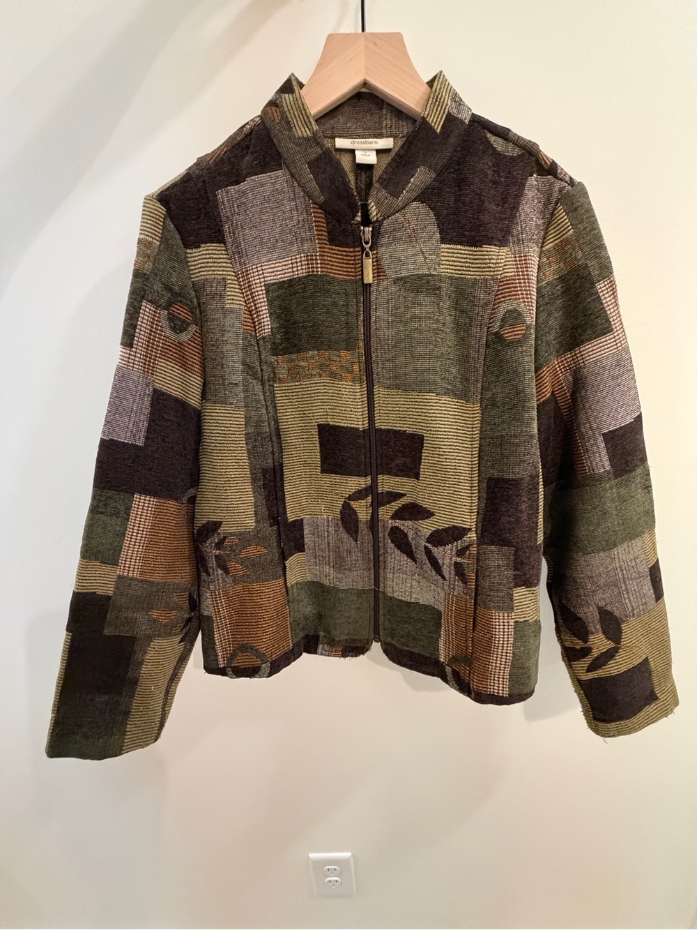 dressbarn (L) Patchwork Tapestry Full Zip Bomber Jacket with Pockets